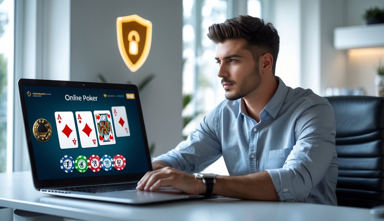 Seorang pria muda duduk di meja dengan laptop yang menampilkan permainan poker online, terlihat fokus dan tenang di ruang kerja yang rapi.