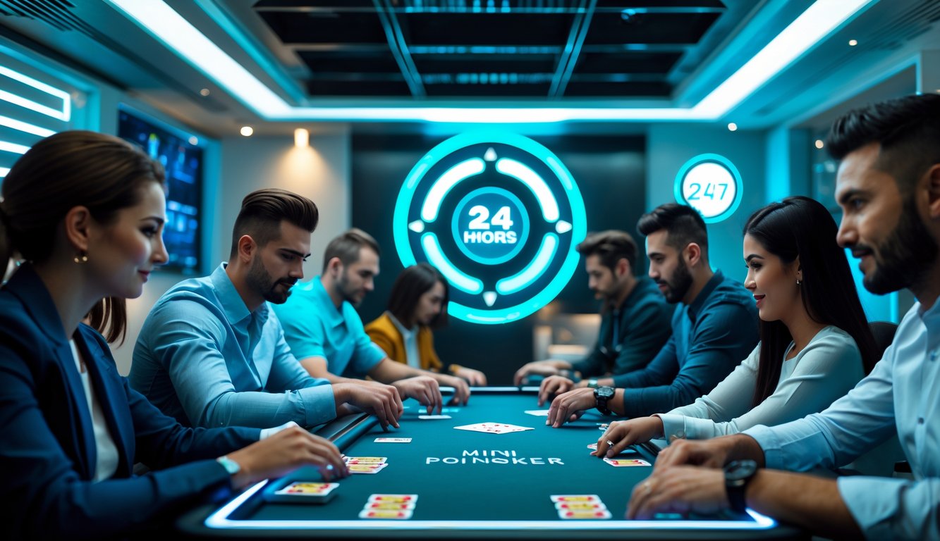 Beberapa orang bermain poker mini secara online menggunakan perangkat digital di ruangan modern dengan pencahayaan terang dan elemen desain futuristik.