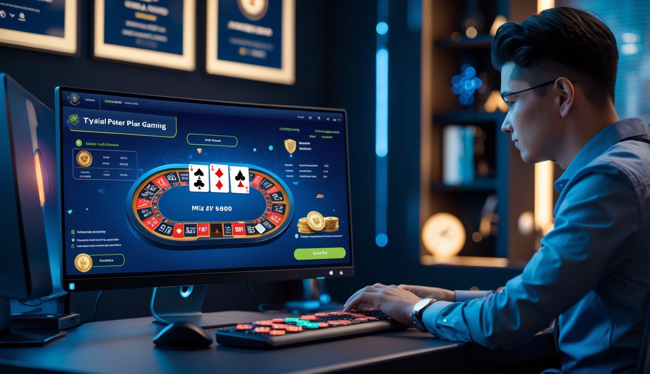 Seorang pemain sedang bermain poker online di ruang kerja modern dengan komputer menampilkan meja poker digital dan suasana yang tenang dan profesional.