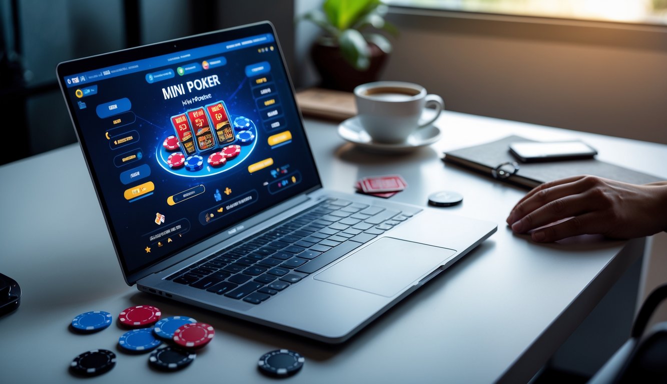 Meja kerja modern dengan laptop yang menampilkan permainan poker online, chip poker dan kartu di sekitar, serta suasana yang nyaman dan profesional.