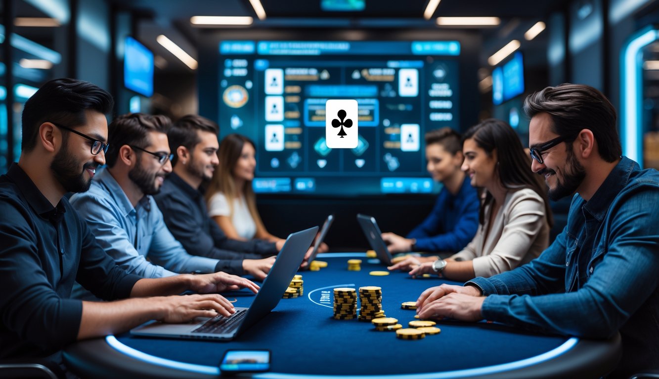 Sekelompok orang bermain poker online dengan laptop dan ponsel di meja modern, terlihat serius dan percaya diri dalam ruangan terang.