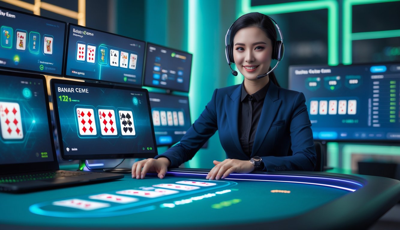 Seorang dealer profesional sedang duduk di meja permainan digital dengan beberapa layar menampilkan kartu dan statistik permainan dalam ruangan modern yang terang.