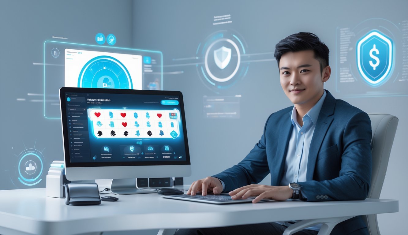 Seorang dewasa muda duduk di meja dengan laptop dan ponsel yang menampilkan platform permainan online, di latar belakang terdapat ikon keamanan digital dan grafik futuristik.