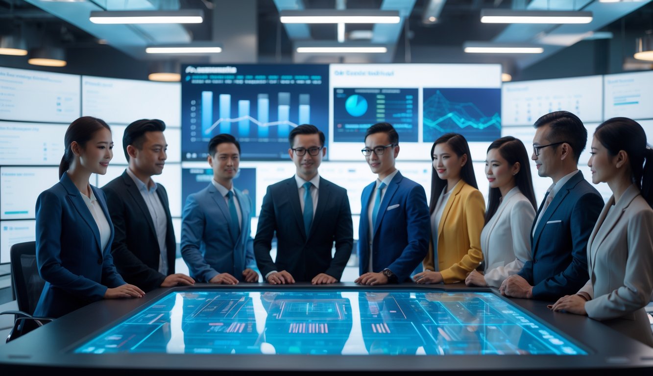 Sekelompok profesional di kantor modern sedang berdiskusi di sekitar meja dengan layar sentuh yang menampilkan data digital terkait jaringan dealer online.