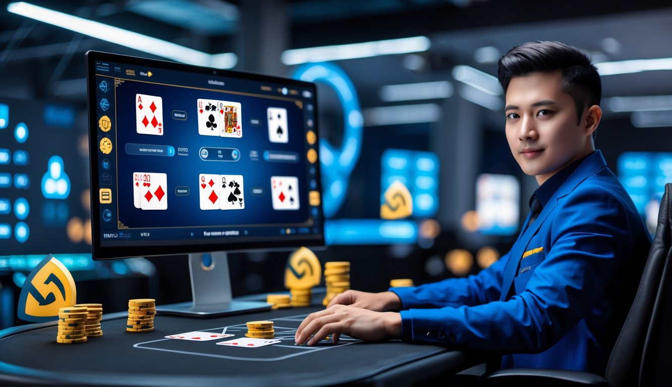 Seorang dealer muda duduk di depan meja permainan digital Bandar Ceme dengan kartu dan chip virtual, di ruang kerja modern yang terang dan profesional.