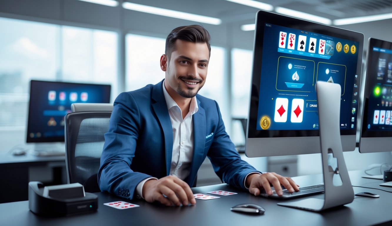Seorang dealer kartu profesional duduk di depan layar komputer dalam ruangan modern, menunjukkan suasana permainan kartu online yang aman dan terpercaya.