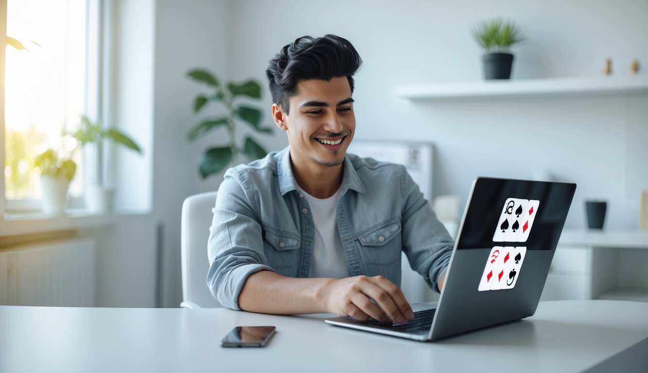 Seorang dewasa muda duduk di meja modern dengan laptop, bermain kartu online di ruang kerja rumah yang terang dan rapi.