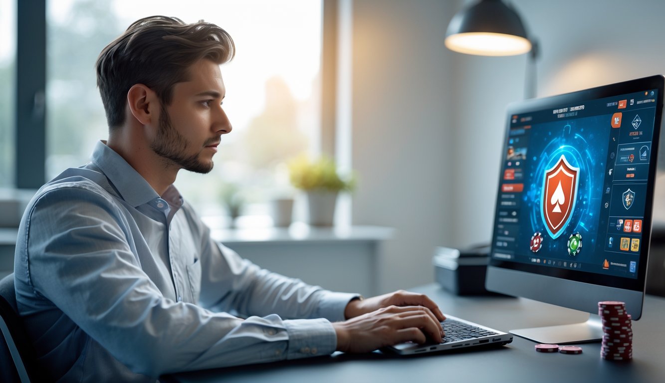 Seorang pria muda duduk di meja dengan laptop, fokus bermain permainan kartu online di ruangan yang terang dan rapi.