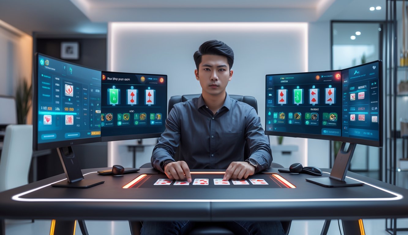 Seorang pria muda duduk di meja modern dengan beberapa layar digital menampilkan permainan kartu Bandar Ceme, terlihat fokus dan percaya diri di ruang kerja yang rapi dan terang.