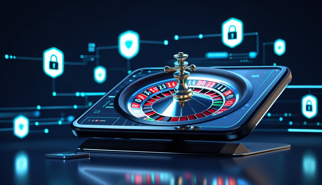 Layar perangkat digital menampilkan roda roulette online dengan simbol keamanan digital di latar belakang.