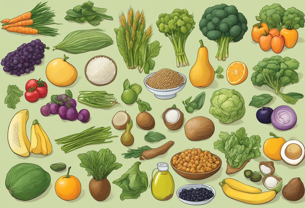 and a digital illustration of a fruit and vegetable collage on a green background.