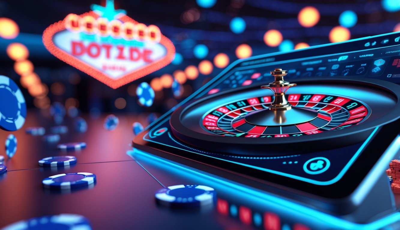 Tampilan roda roulette digital berwarna merah dan hitam dengan latar belakang lampu neon dan chip kasino mengambang, menggambarkan suasana kasino online yang modern dan terpercaya.