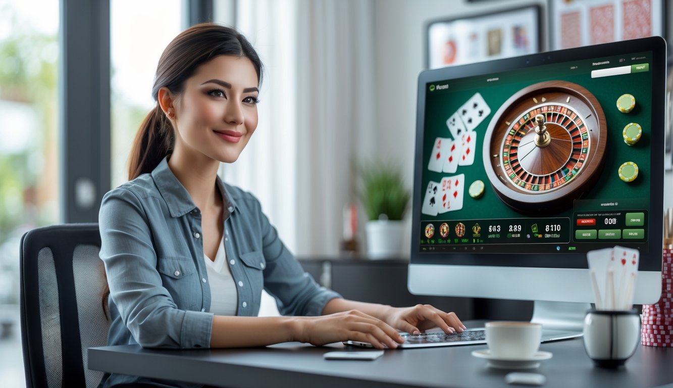 Seorang wanita muda duduk di meja dengan komputer yang menampilkan permainan roulette online, di ruangan dengan dekorasi bertema kasino.