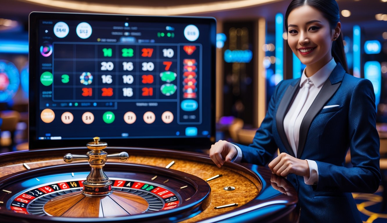 Seorang dealer live profesional sedang mengoperasikan permainan roulette online dengan roda roulette digital di layar komputer, di latar belakang suasana kasino modern.
