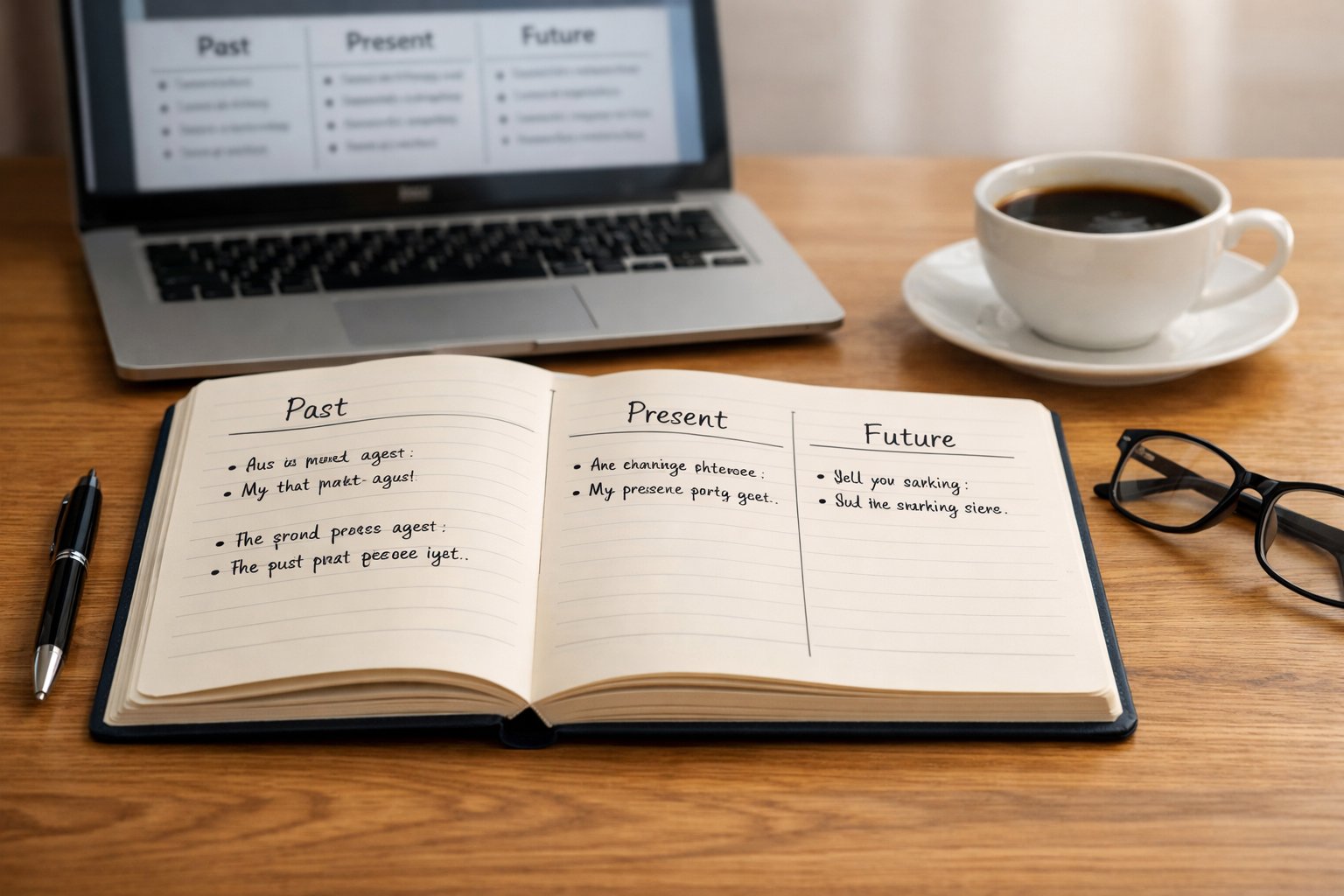 Otvorena knjiga na stolu s olovkom, naočalama i šalicom kave, u pozadini laptop s prikazom lekcije o engleskim vremenima.