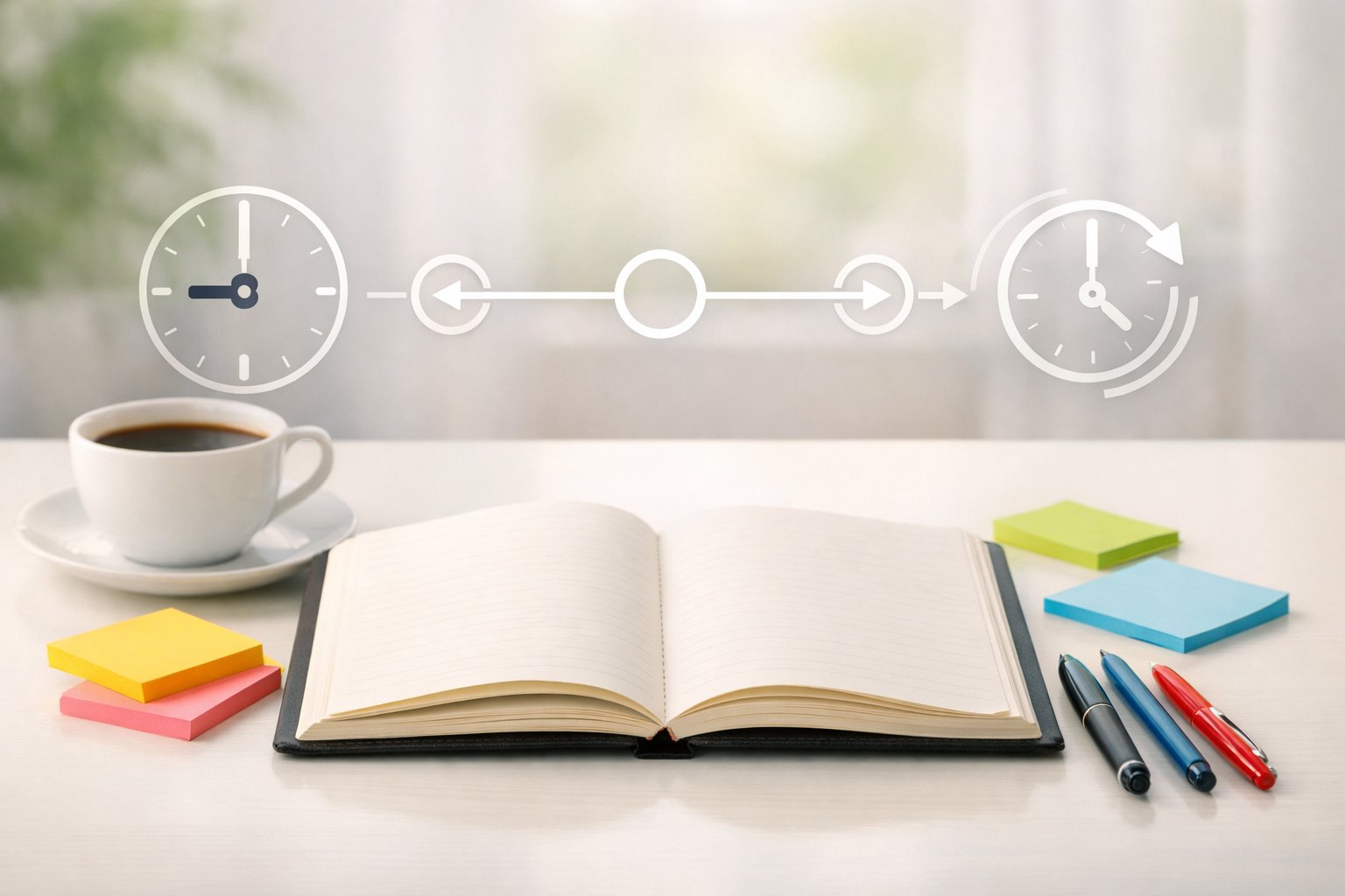 Radni stol s otvorenom knjigom, šalićem kave i bilješkama, simbolizirajući učenje engleskih vremena.