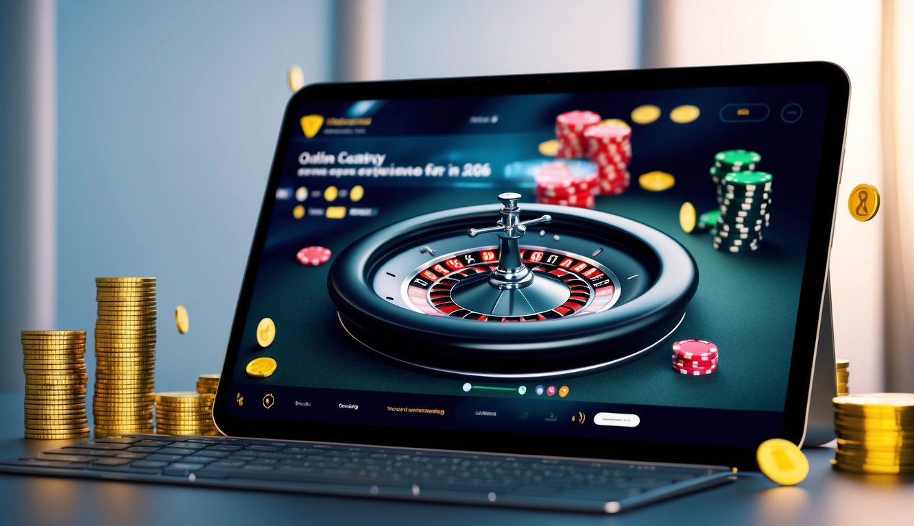 Sebuah layar komputer menampilkan permainan roulette online dengan roda roulette berputar dan tumpukan chip di sekitarnya.