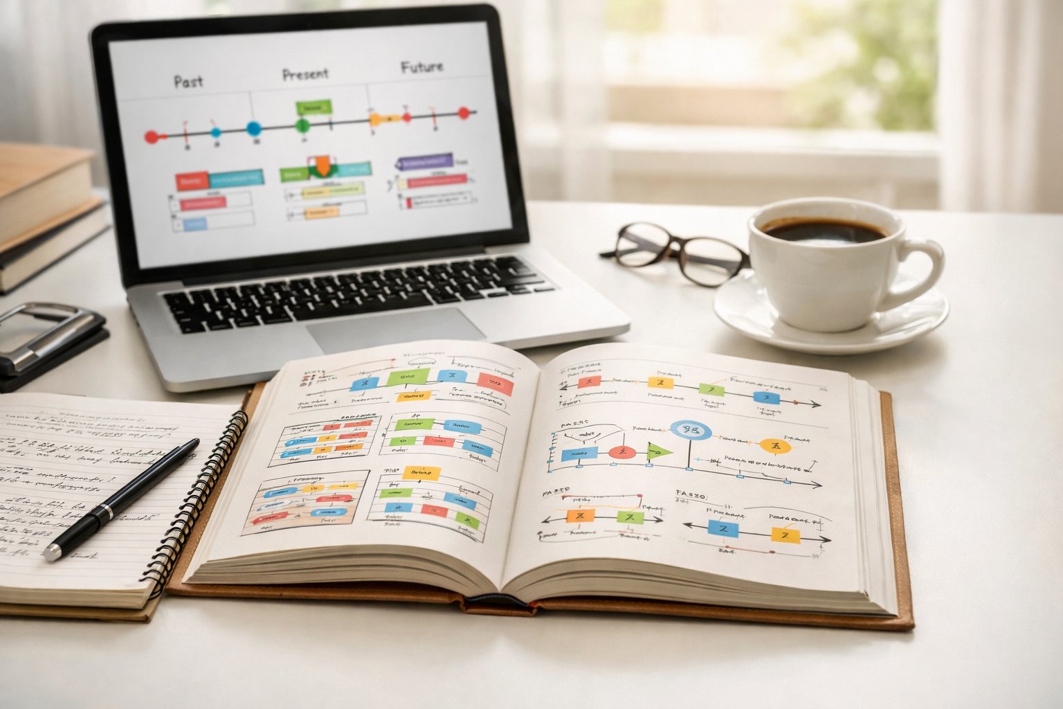 Stol s otvorenom knjigom i prijenosnim računalom koji prikazuju gramatičke bilješke o engleskim vremenima, uz bilježnicu i šalicu kave.