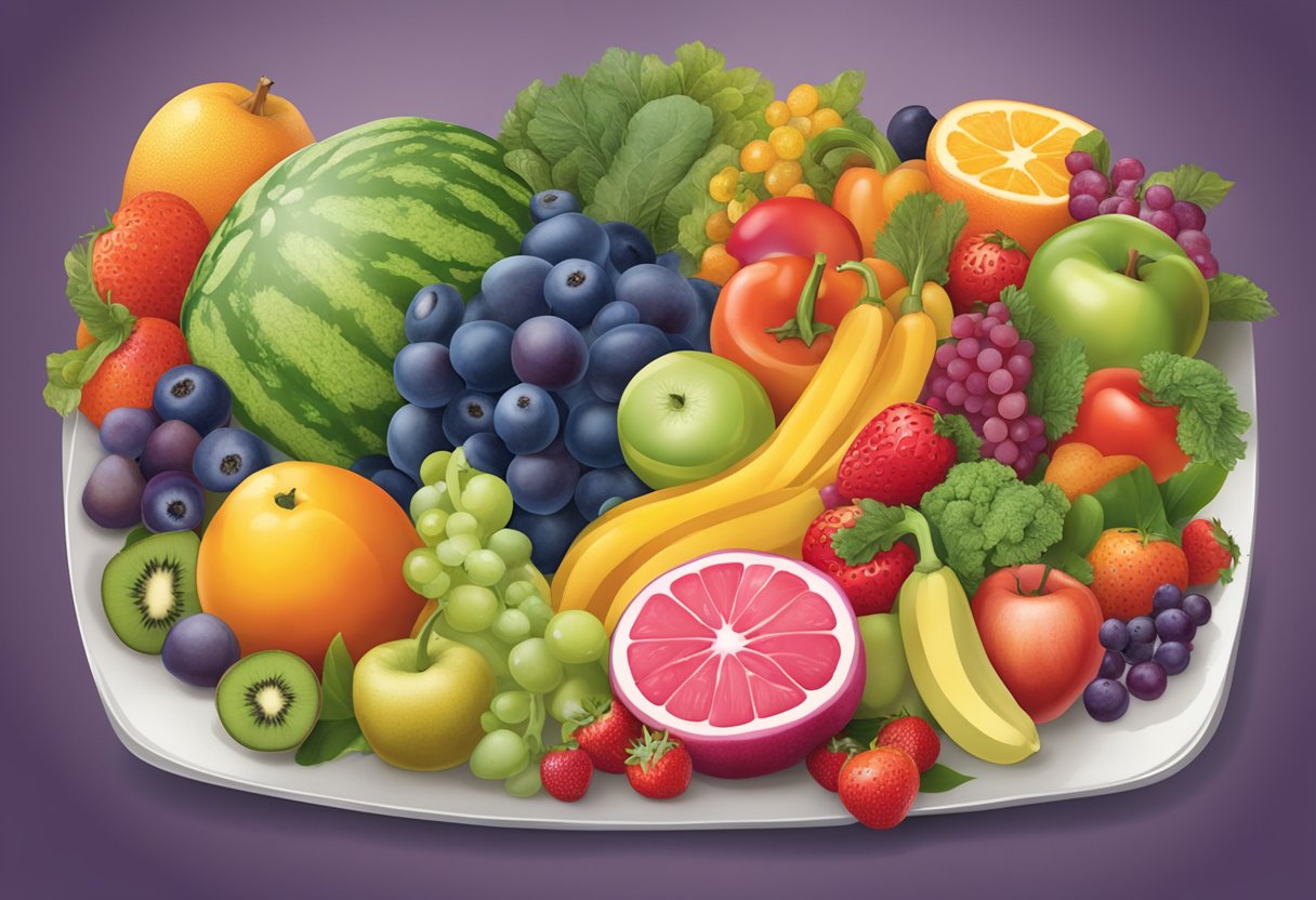 A digital illustration of a large plate, full of fruits and vegetables