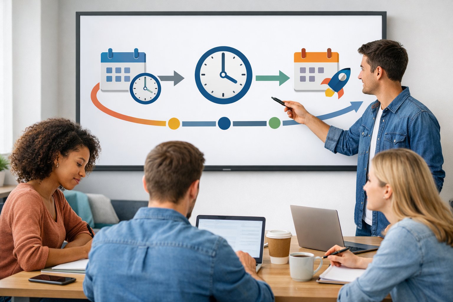 Grupa mladih ljudi u modernom uredu uče o vremenima u engleskom jeziku, gledajući zaslon s ilustracijama vremena i raspravljajući.