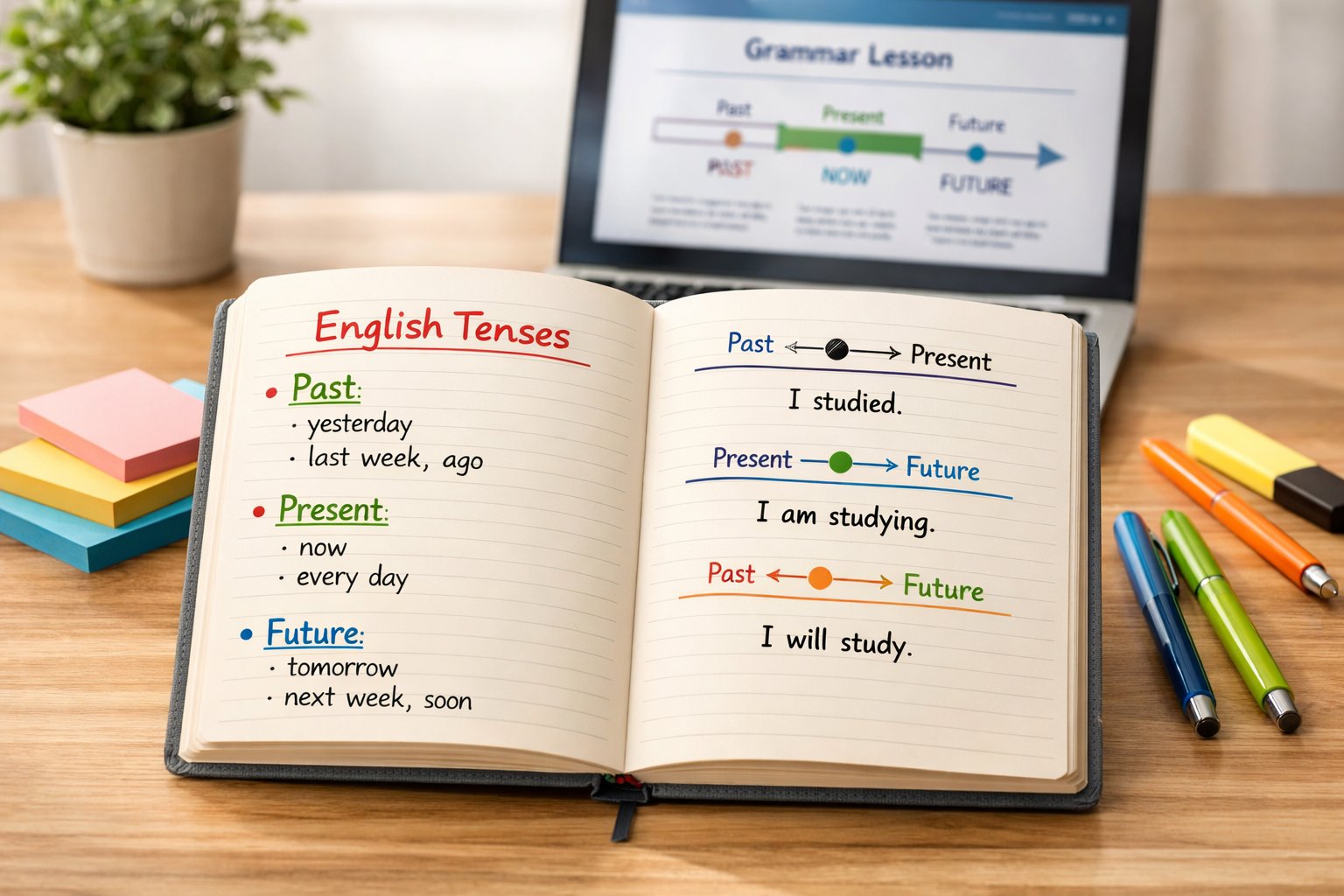 Radni stol s otvorenom bilježnicom u kojoj su zapisani engleski glagolski vremena, okružen šarenim papirićima i olovkama, s računalom u pozadini.