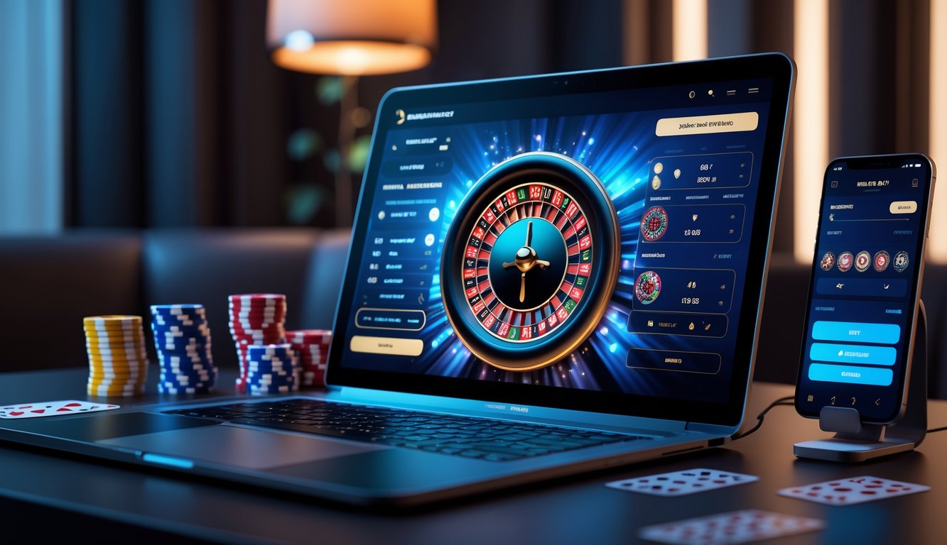 Sebuah layar komputer menampilkan permainan roulette online dengan roda roulette digital dan chip poker di sekitarnya di dalam ruangan yang remang-remang.
