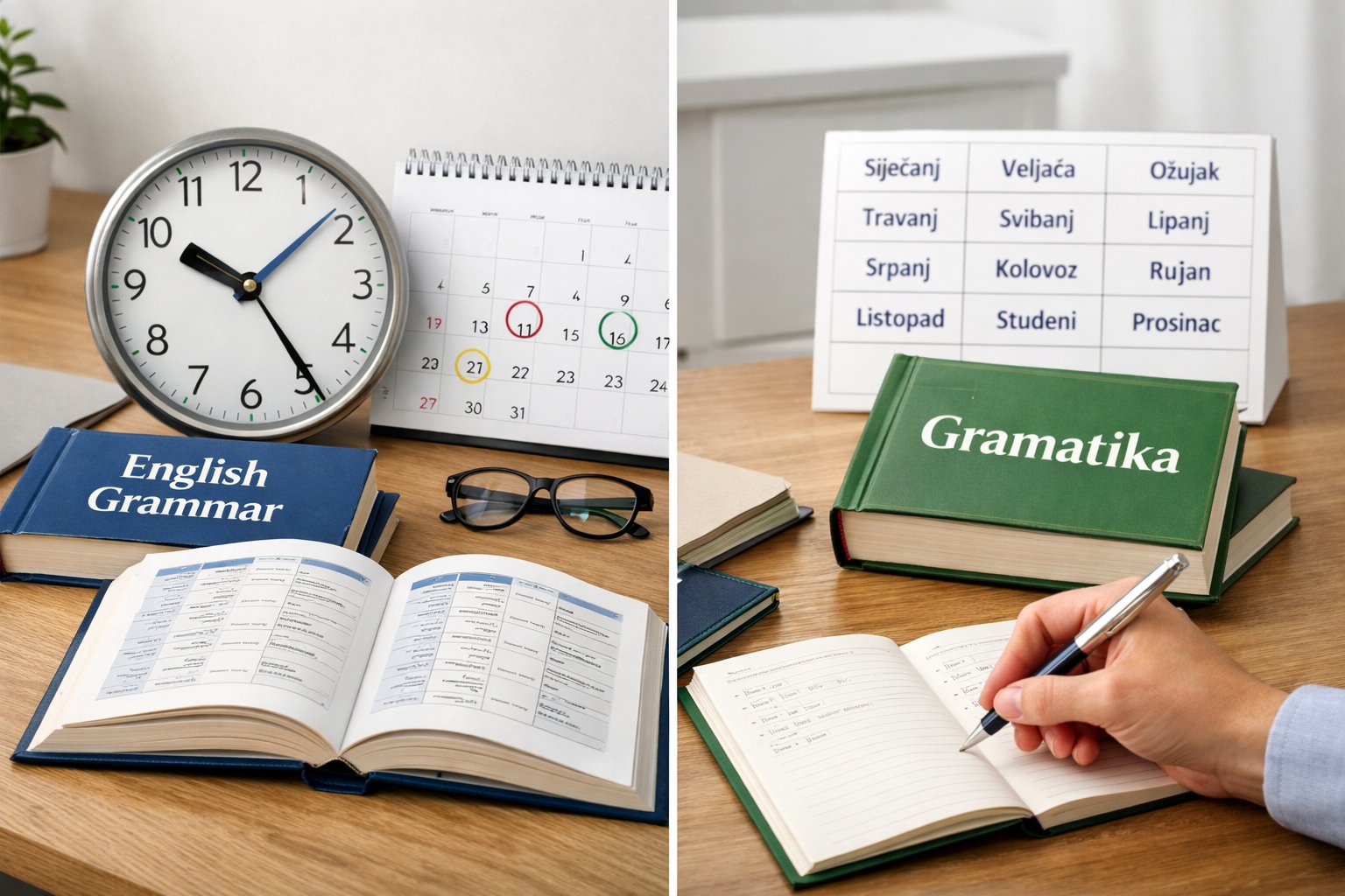 Podijeljena scena s elementima koji prikazuju engleska i hrvatska glagolska vremena, uključujući kalendare, satove i knjige na radnom stolu u uredskom okruženju.
