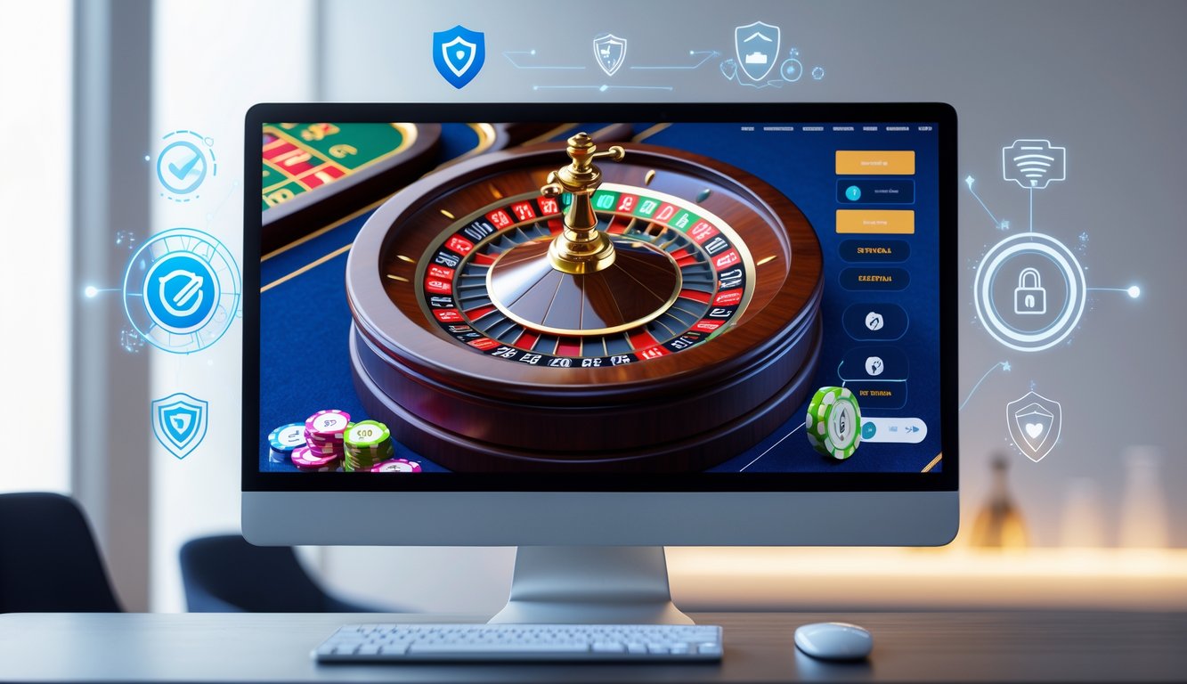 Tampilan layar komputer dengan permainan roulette online yang modern dan elemen simbol transaksi cepat dan aman.