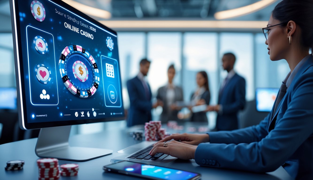 Layar perangkat digital menampilkan platform kasino online yang aman dan terpercaya dengan latar belakang kantor modern dan profesional.