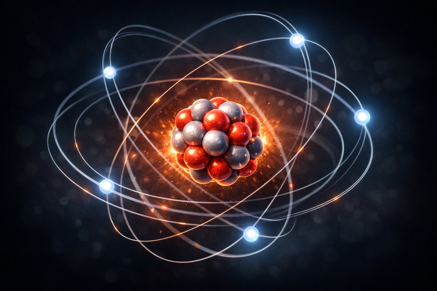 Detaljna 3D vizualizacija atoma s jezgrom i elektronima koji kruže oko nje.