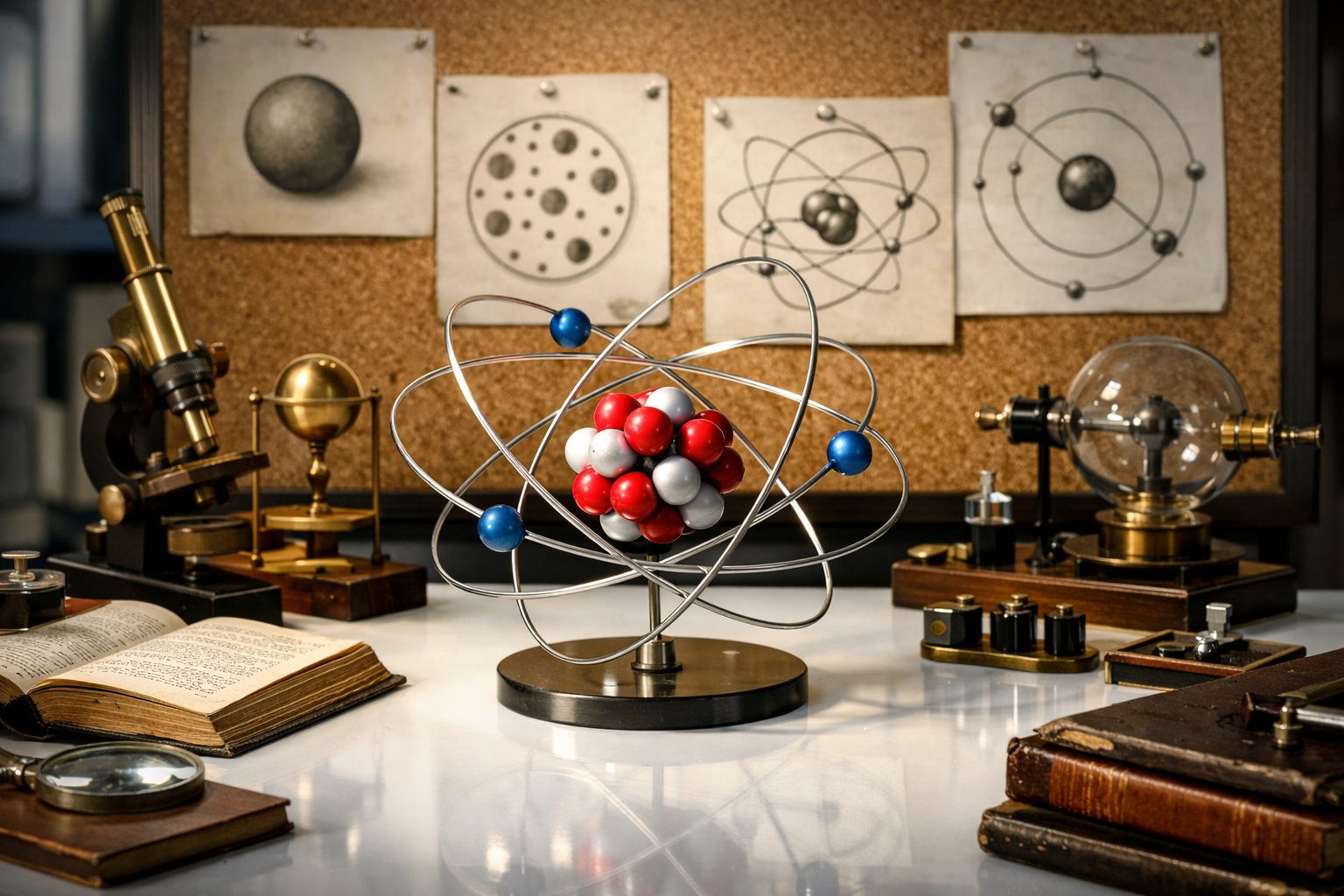 Prikaz atomske strukture s modelom atoma, starim znanstvenim instrumentima i skicama u znanstvenom radnom prostoru.
