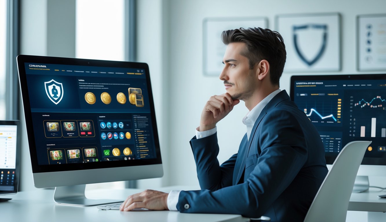 Seseorang berpakaian rapi duduk di meja modern dengan beberapa perangkat digital yang menampilkan antarmuka kasino online, tampak fokus menganalisis data dalam ruangan kantor yang terang dan rapi.