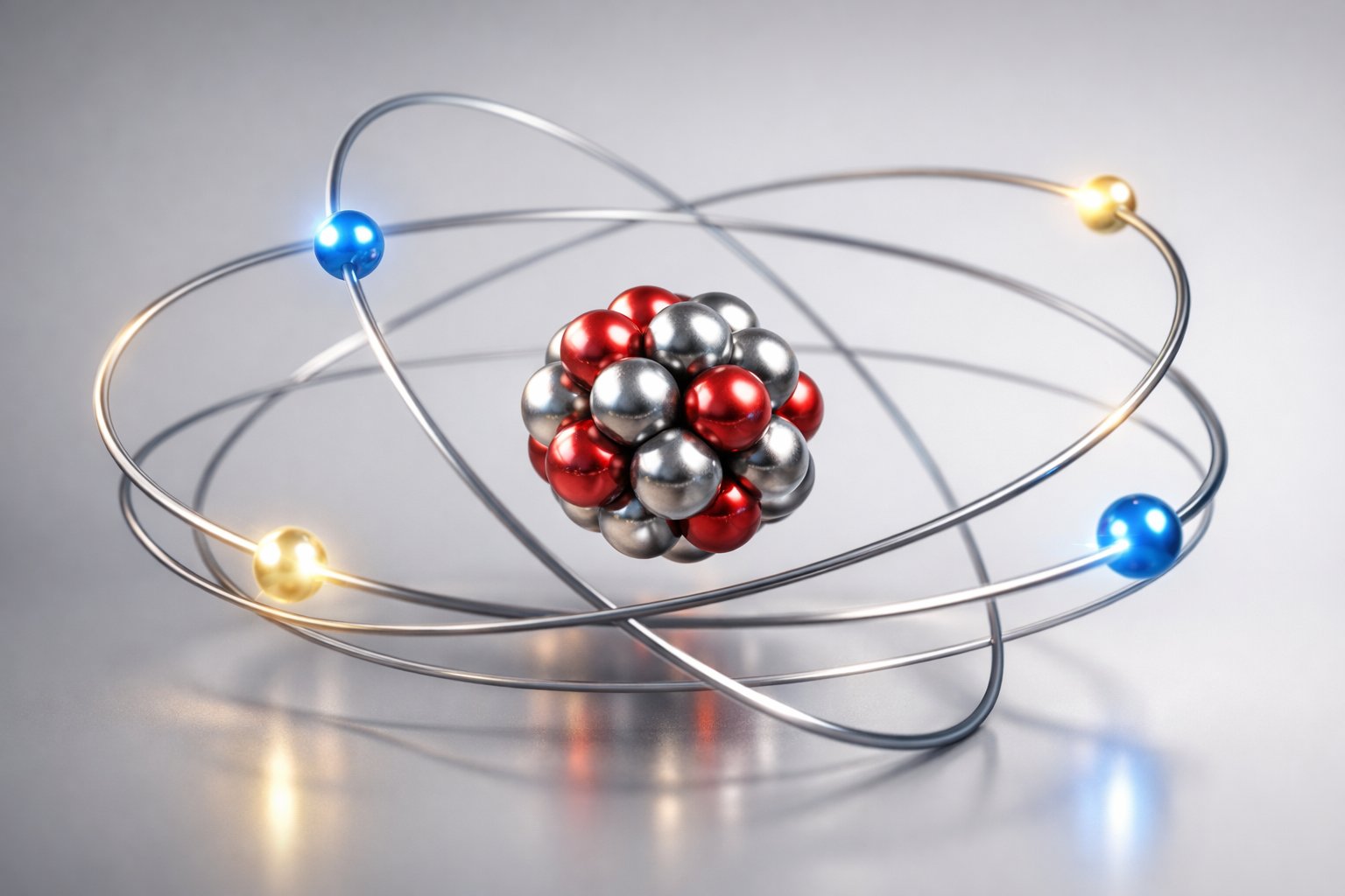 Prikaz atomskog modela s jezgram u sredini i elektronima koji kruže oko nje.