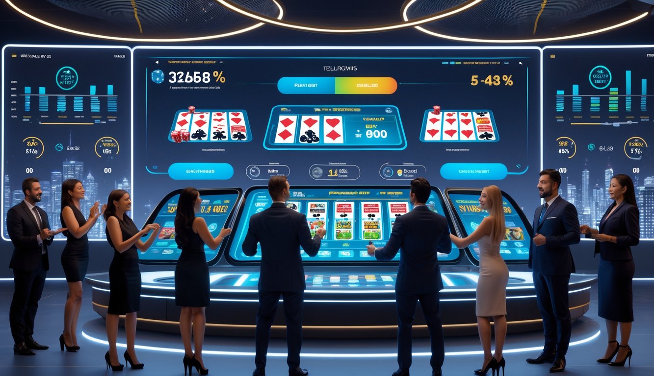 Sejumlah orang bermain di kasino online dengan layar digital modern yang menampilkan berbagai permainan kasino dan grafik kemenangan.