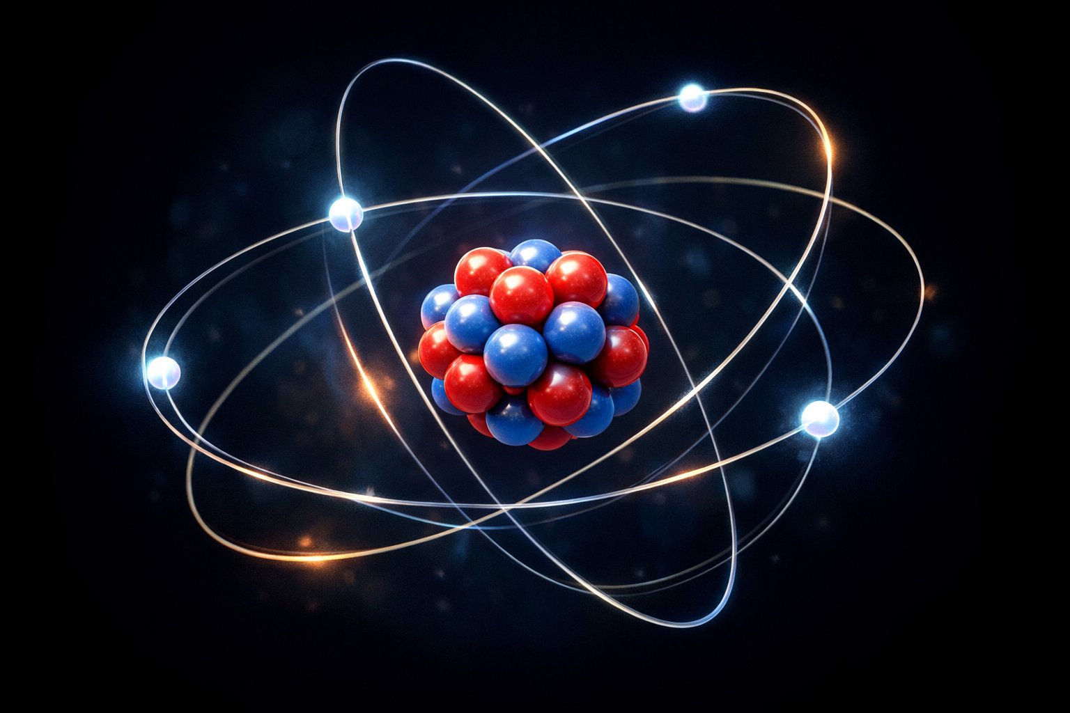 Model atoma s jezgram i elektronima koji kruže oko njega u različitim orbitama.