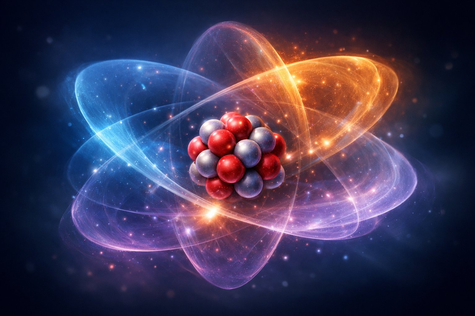 Prikaz modernog kvantnog modela atoma s jezgrama i elektronskim oblacima u znanstvenom okruženju.