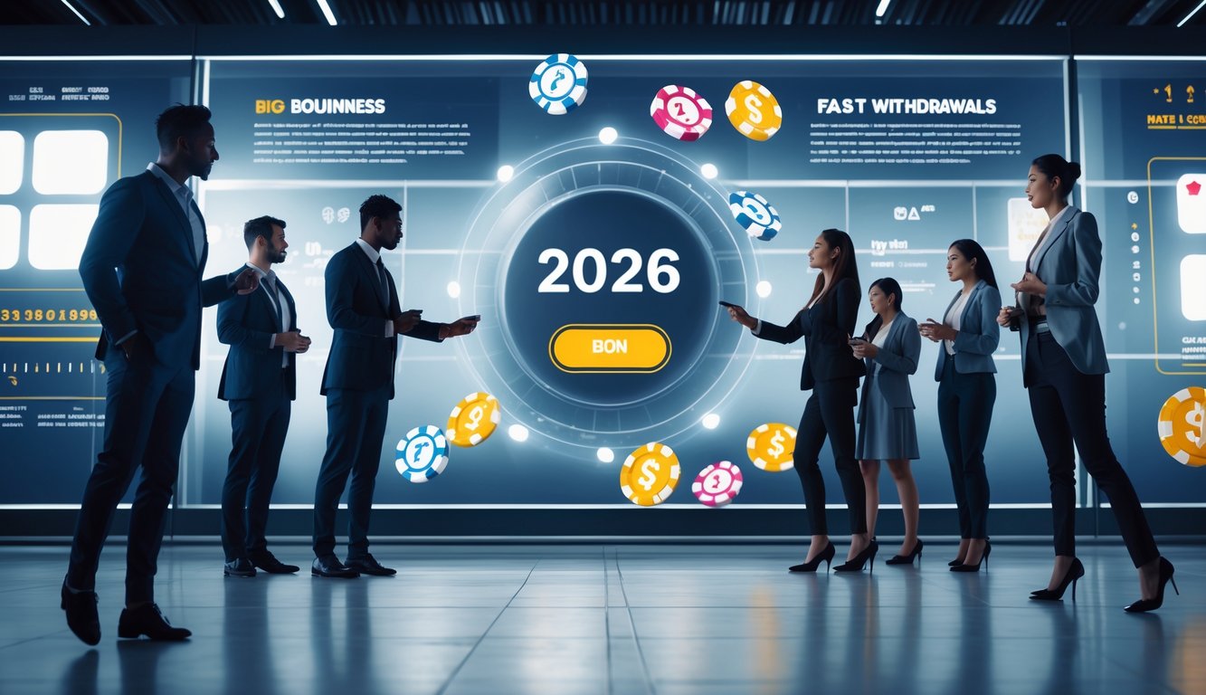 Orang-orang menggunakan perangkat digital di lingkungan kasino online modern dengan elemen permainan kasino dan suasana yang cerah dan profesional.