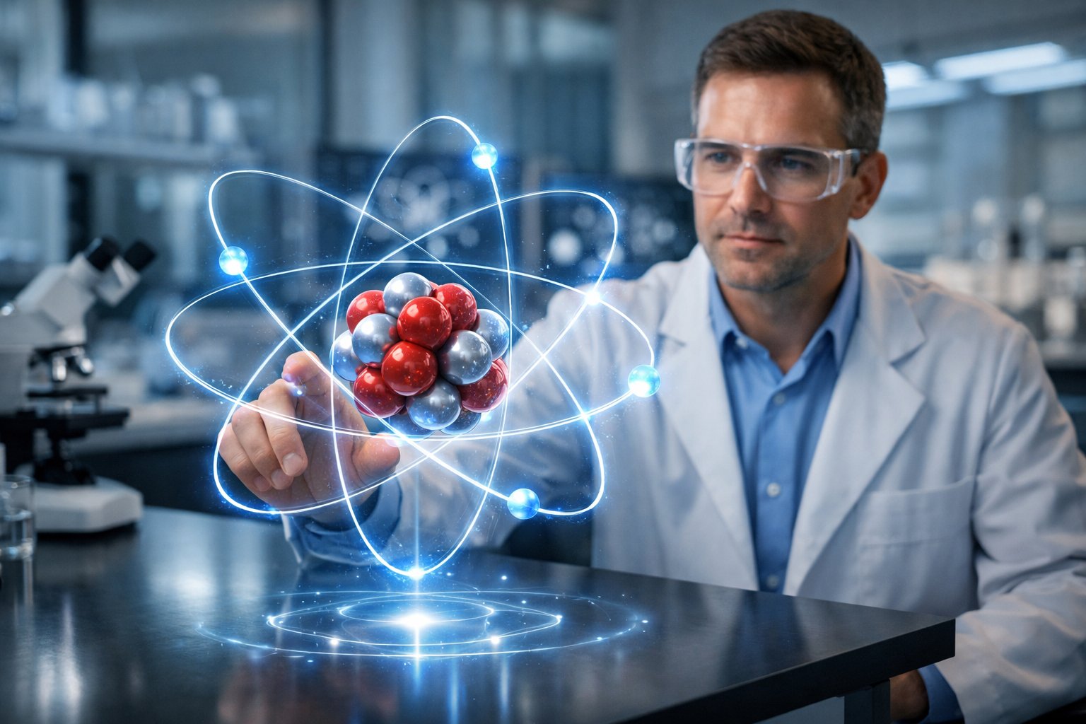 Znanstvenik u laboratoriju promatra holografski 3D model atoma s elektronskim orbitama.