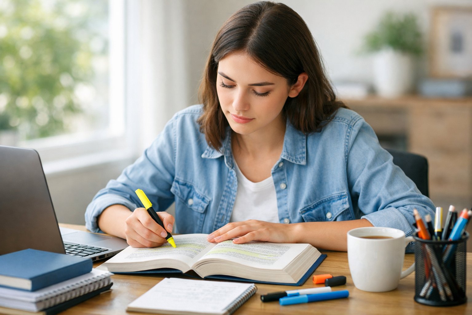Mladi student koncentrirano uči za ispit za maturu za urednim stolom s knjigama i prijenosnim računalom u svijetloj sobi.