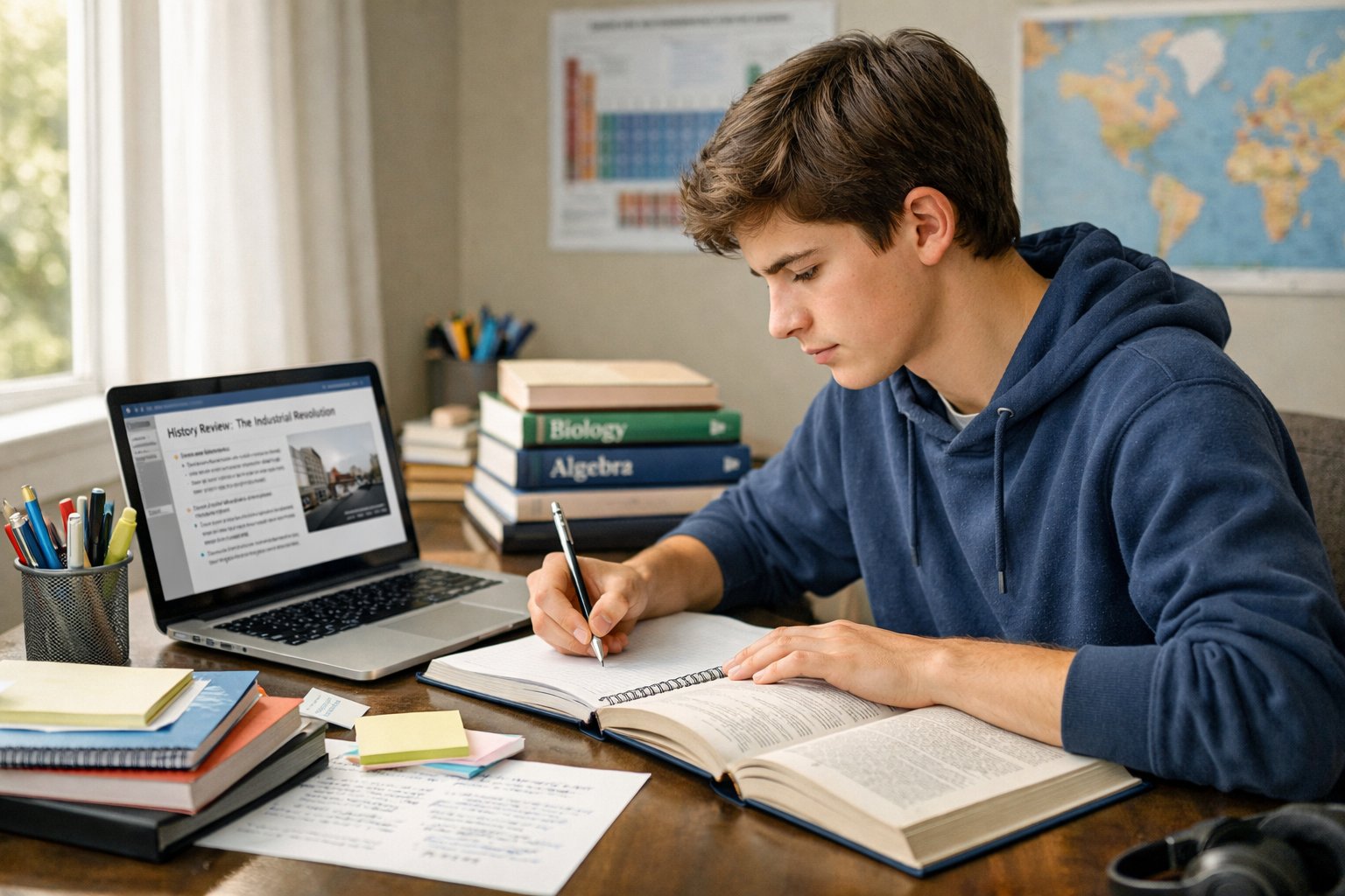 Učenik sjedi za stolom i priprema se za maturu uz knjige, bilježnice i laptop.