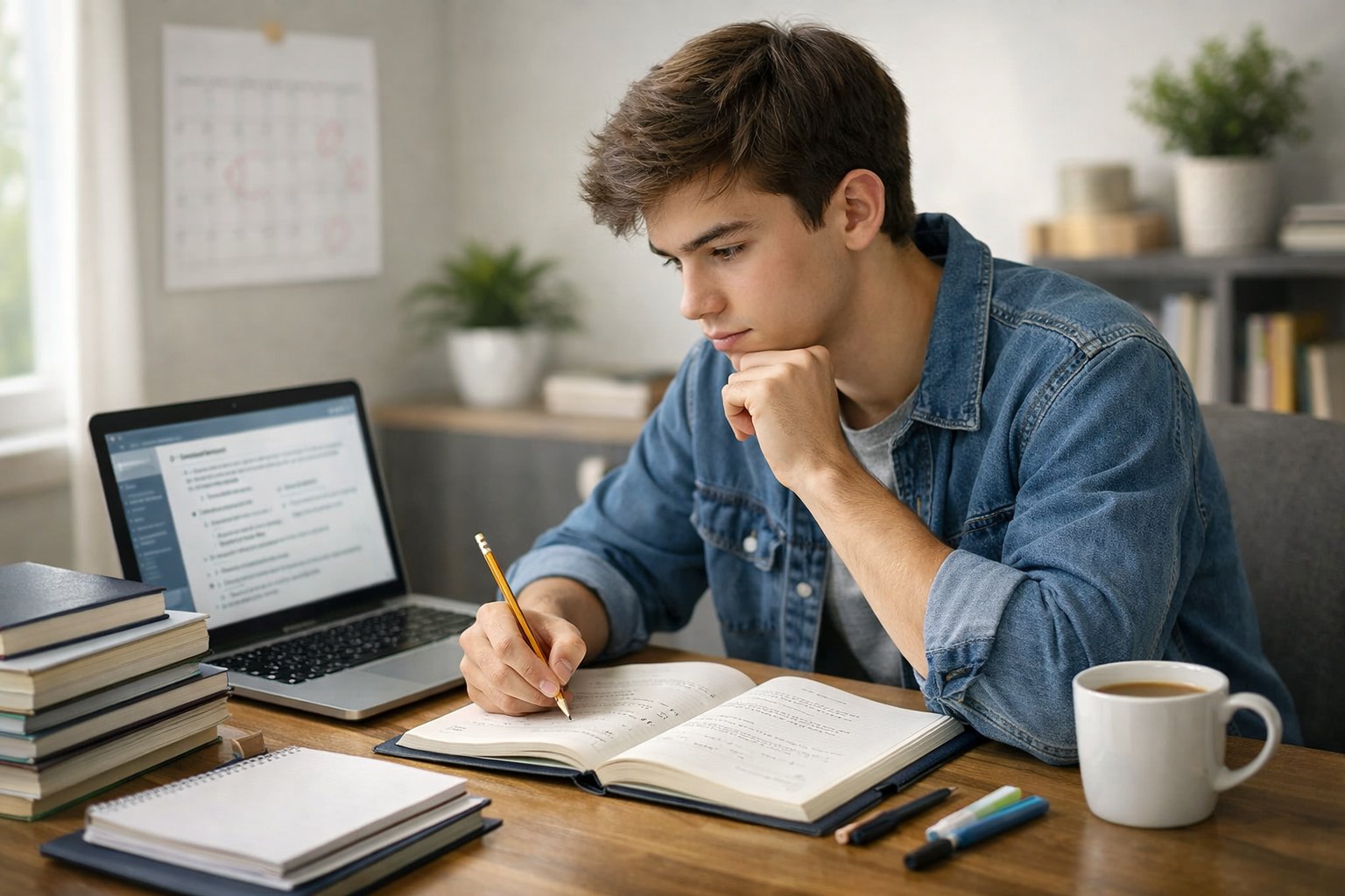 Mladi student sjedi za stolom i koncentrirano radi zadatke za pripremu ispita u svijetloj sobi.