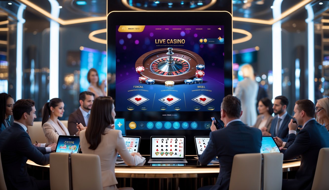 Orang-orang sedang bermain permainan kasino langsung di perangkat digital dalam suasana kasino online yang modern dan mewah.