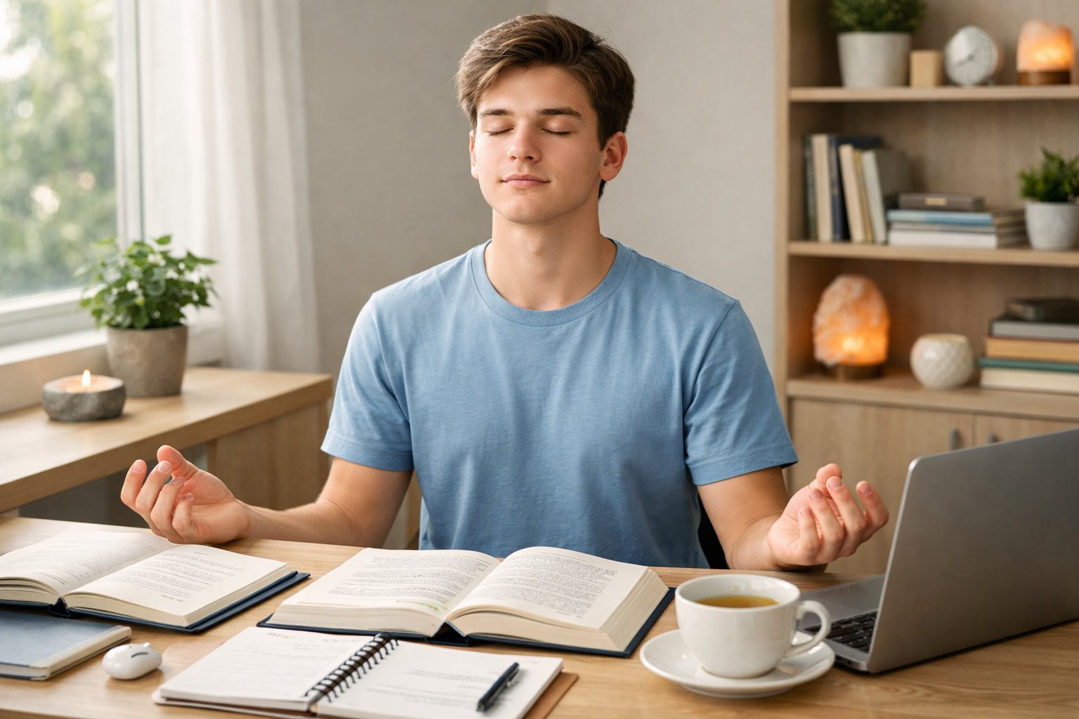 Mladi student sjedi za urednim stolom i uči za maturu u mirnom okruženju.