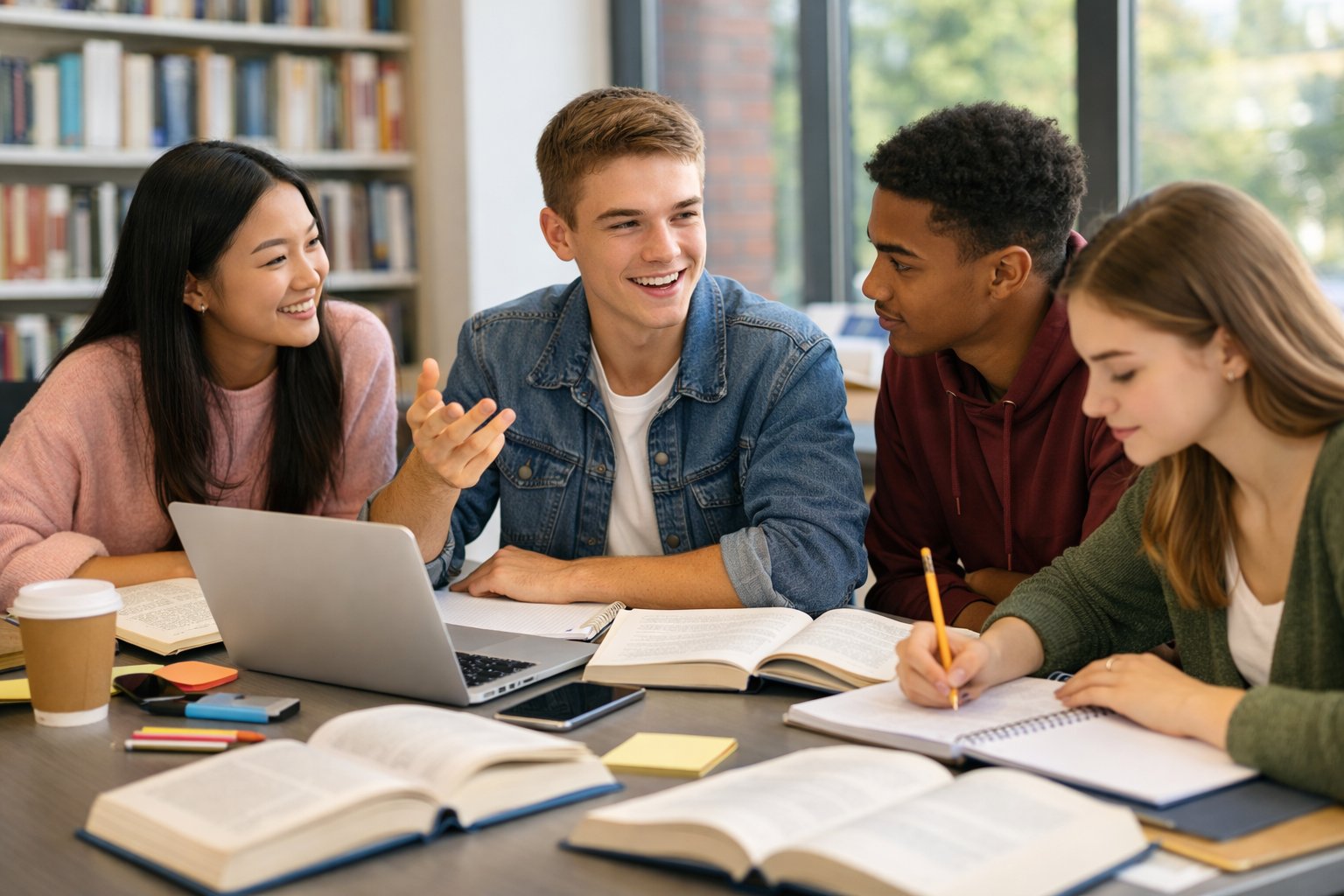 Grupa učenika priprema se za završne ispite u svijetloj učionici, zajedno uče i pomažu jedni drugima.