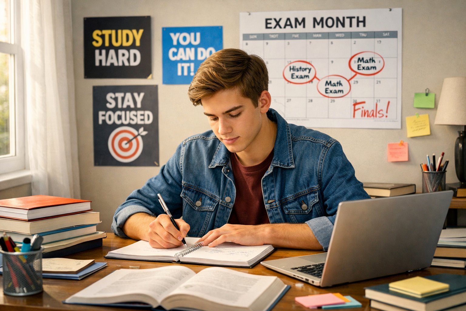 Mladi student sjedi za radnim stolom i priprema se za maturu uz knjige i bilježnice.