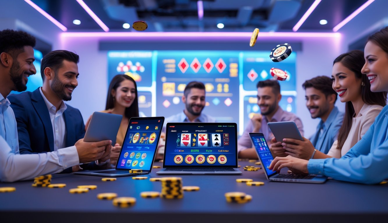 Orang-orang menggunakan perangkat digital untuk bermain kasino online dalam ruangan modern dengan pencahayaan futuristik.