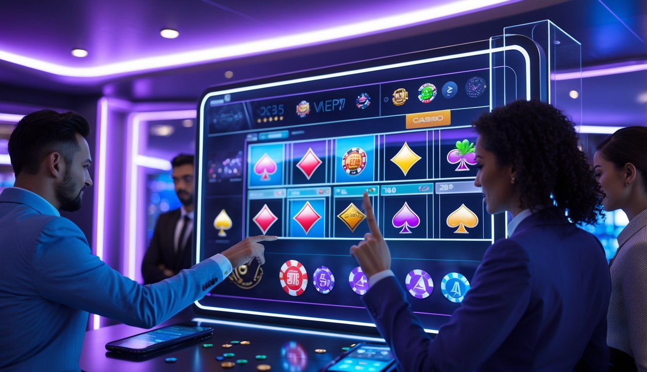 Orang-orang menggunakan perangkat digital untuk bermain permainan kasino online di ruangan modern dengan layar besar dan pencahayaan biru ungu.