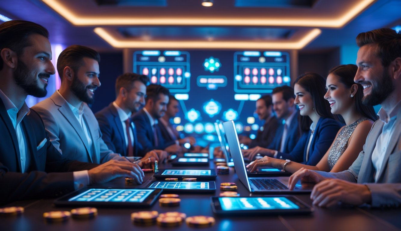 Orang-orang beragam bermain permainan kasino online dengan perangkat digital di ruangan modern yang terang dan futuristik.