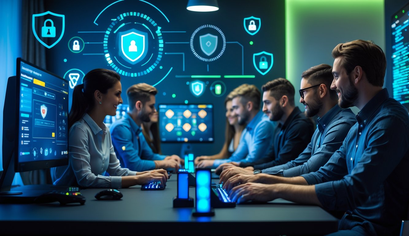 Orang-orang bermain poker online di ruang kerja modern dengan komputer dan ikon keamanan digital di latar belakang.