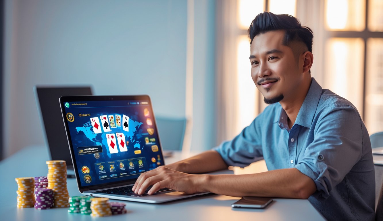 Seorang pria Indonesia duduk di depan laptop dengan permainan poker online di layar, di meja yang rapi dengan chip poker dan kartu bermain di sekitar.